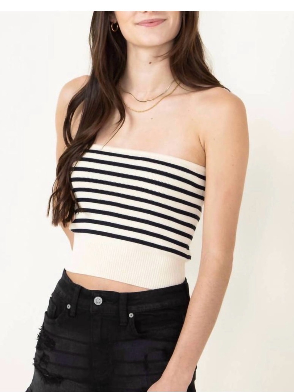By Together Striped Strapless Knit Crop Top - Black & Cream